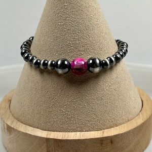 925 Solid Sterling Silver Desert Pearl Pink Dahlia Gemstone Stretch Bracelet